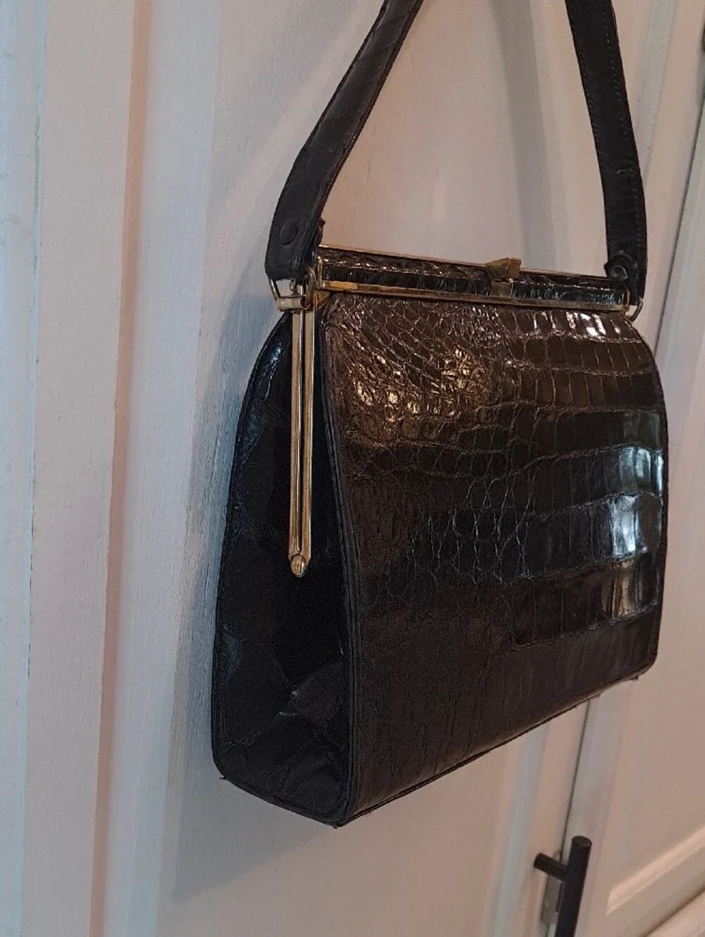 JP Allen Atlanta Vintage 50s Classic Black Genuine Croc Skin Top-Handle Satchel